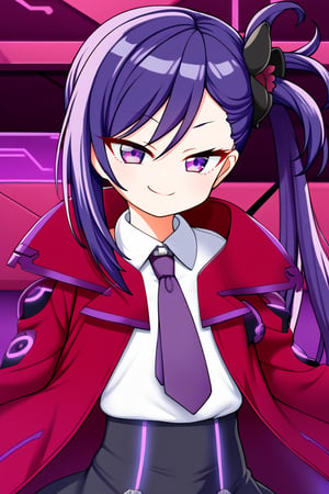 1girl  , solo ,mutsuki, purple eyes,blue hair, very long hair, side ponytail, hair flower ornament,smug smile , red coat , purple trim , purple tie , white shirt , black skirt , futuristic theme clothes