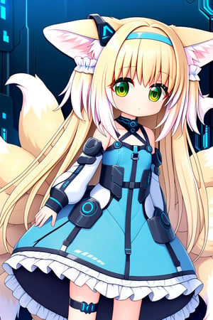 1girl  , solo ,suzuran,animal ears,animal ear fluff,blonde hair,green eyes,tails,multiple tails, loli , very long hair , blue dress , detach sleeves , futuristic theme clothes