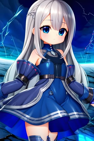 1girl  , solo ,skadielite , loli , grey hair , blue eyes , loli , blue dress , detach sleeves , futuristic theme clothes