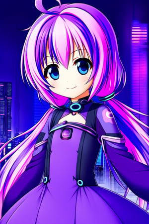 1girl  , solo ,reisa, blue eyes, purple hair, multicolored hair, ahoge, low twintails , smile , idol , purple dress , detach sleeves , futuristic theme clothes 