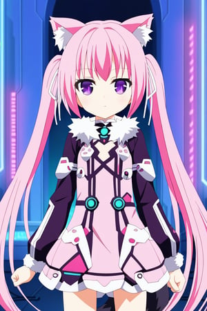 1girl  , solo , serika kuromi, long hair, pink hair, purple eyes, animal ears, twintails, cat ears , pink dress , detach sleeves , white trim , fur trim , futuristic theme clothes