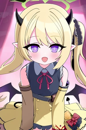 1girl  , solo ,ibuki \(blue archive\), purple eyes,blonde hair,side ponytail,hair ribbon,pointy ears,horns,tail,low wings,yellow dress , detached sleeves , futuristic theme clothes