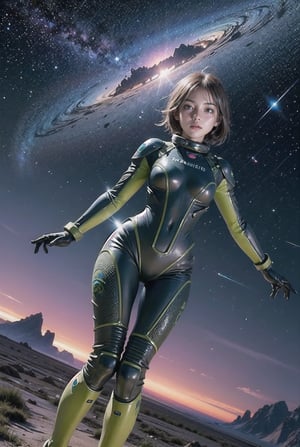 photo RAW,(a girl in a wasteland, alien planet, space, starfield, Alpine Meadow), masterpiece, award winning photography, natural light, perfect composition, high detail, hyper realistic,akinanakamori,More Detail,High detailed , flying body, full body, a spacewalk, no ground, latex suit