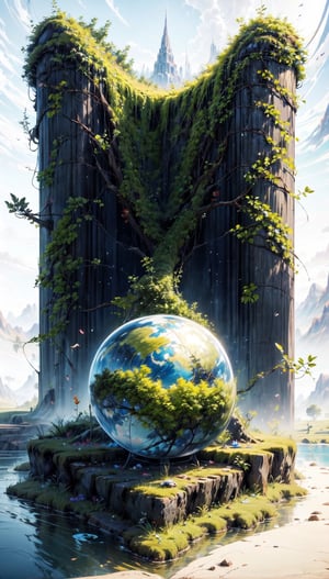 (best quality), (4k resolution), creative illustration of a miniature world on a white pedestal. The world is a green sphere with various natural and artificial elements. There is a river, trees, mountains, and a small house on the sphere. The image has a minimalist style with a light color palette that creates a contrast with the white background. The image gives a sense of wonder and curiosity about the tiny world and its inhabitants.,ff14bg,High detailed 