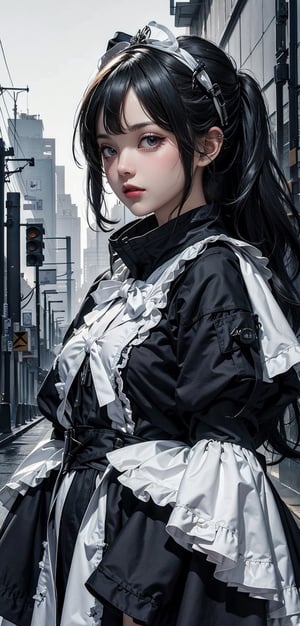 (masterpiece, top quality, best quality, official art, beautiful and aesthetic:1.2), (1girl), extreme detailed, colorful, highest detailed, zoomout, perfecteyes, random hairstyle, alluring_lolita_girl, Detailedface,urban techwear