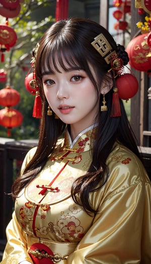 (masterpiece, top quality, best quality, official art, beautiful and aesthetic:1.2), hdr, high contrast, wideshot, 1girl, long straight black hair with blunt bangs, looking at viewer, light smile, clearly brown eyes, longfade eyebrow, soft make up, ombre lips, hourglass body, large breast, (chinese new year theme:1.5), finger detailed, background detailed, ambient lighting, extreme detailed, cinematic shot, realistic ilustration, (soothing tones:1.3), (hyperdetailed:1.2)