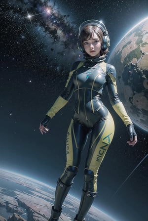 photo RAW,(a girl in a wasteland, alien planet, space, starfield, Alpine Meadow), masterpiece, award winning photography, natural light, perfect composition, high detail, hyper realistic,More Detail,High detailed , flying body, full body, a spacewalk, no ground, latex suit, headset, no gravity, 
hand gun, headgear