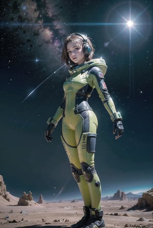 photo RAW,(a girl in a wasteland, alien planet, space, starfield, Alpine Meadow), masterpiece, award winning photography, natural light, perfect composition, high detail, hyper realistic,More Detail,High detailed , flying body, full body, a spacewalk, no ground, latex suit, headset, no gravity, gun on hand, back suitcase,