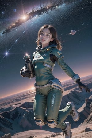 photo RAW,(a girl in a wasteland, alien planet, space, starfield, Alpine Meadow), masterpiece, award winning photography, natural light, perfect composition, high detail, hyper realistic,akinanakamori,More Detail,High detailed , flying body, jump, full body, a spacewalk,