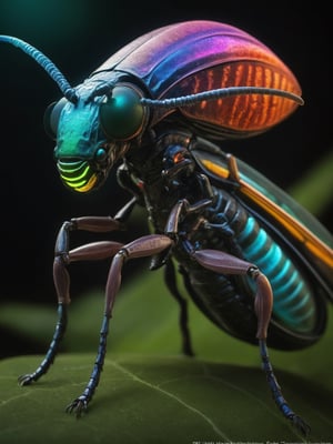 a stunning image of extraterrestrial insects. These insects should be completely unlike any form of terrestrial life. They should possess unique features, such as bioluminescent exoskeletons, with bright geometric patterns, and sensory appendages in unusual shapes. The colors and textures on their skin or exoskeleton should be entirely different from those of terrestrial insects.

Ensure that these alien insects appear adapted to an unknown and exotic environment. They may inhabit an alien landscape or be part of an extraterrestrial community. Make the image striking and captivating, emphasizing the strangeness and uniqueness of these insects compared to anything we might find on Earth. The lighting and colors should enhance their alien nature and the sense of wonder they evoke,HellAI