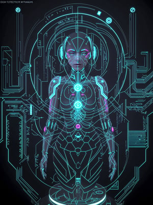 Image of Jaqueline, a technological artist, surrounded by a futuristic environment. Her cybernetic suit emits flashes of light synchronized with the sound frequencies of her electronic music. All around her, holograms of geometric shapes intertwine in the air, creating a mesmerizing visual and auditory spectacle. The high-tech speakers surrounding her release sound pulses that blend with the atmosphere, forming a digital symphony. Capture the fusion of technology and art in an image of Jaqueline immersed in her world of future sounds and lights,hackedtech,mecha musume,Circle