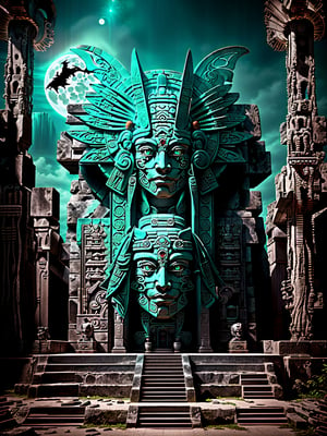 Generate an impressive 8K image that represents Uukum, the Maya deity that blends human and bat-like features. The figure should have dark and detailed scaly skin, expansive wings reminiscent of a giant bat, and eyes with a supernatural glow. Add an adorned ceremonial scepter and ceremonial drum in their hands. Create an aura of shadowy energy surrounding Uukum and place it in front of an entrance to the Maya underworld. Ensure the image's lighting stands out with a starry sky and a full moon. The final image should be rendered in 8K and filled with captivating details,Jack o 'Lantern,horror,cyber_maya