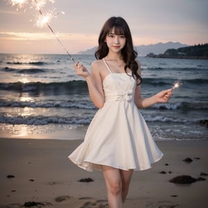 long hair, 1girl, solo ,masterpiece, ((blurry background)), ((Fuji film photoshoot)), holding sparklers beside night beach, full body, white dress, smiling, EOS Canon