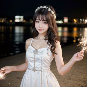 long hair, 1girl, solo ,masterpiece, ((blurry background)), ((Fuji film photoshoot)), holding sparklers beside night beach, full body, white dress, smiling, EOS Canon