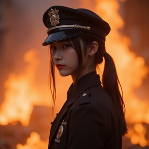 1girl, police officer in fire, no smile