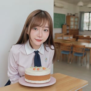 1girl, natural light,tinaAI,breast, school uniform , slight smile, (with a cat), eating cake