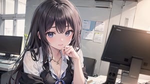 long hair, jewelry, 1girl, looking at viewer, ((blurry background)), :),masterpiece, school_uniform, high school, jk, summer,short top, using computer, coding