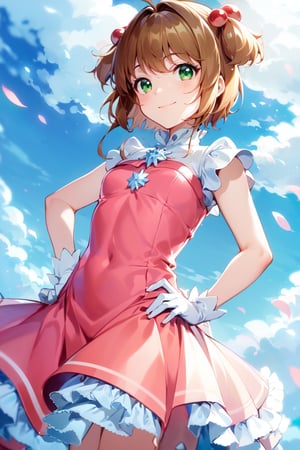 kinomoto sakura, 1girl, brown hair, short hair, antenna hair, two side up, hair bobbles, green eyes,  smiling, hands on hips, low angle, wind, pink dress, (frilled dress:1.5), sleevless, (cowboy shot:1.4)