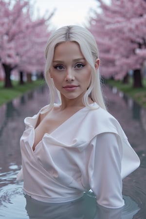 iphone photo. dreamlike 90s screnshot. soft glow. extreme closeup. vertiginous. sophisticated mesmerizing Ariana Grande, white draping silky dress, emerging from an eerie pond, surrounded by cherry blossoms. straight platinum hair, sleek, shimmering hair. ethereal radiance. majestic, enchanting gaze. dynamic dramatic pose and angles. elegance and sophistication. soft light. dreamy blurry ambiance