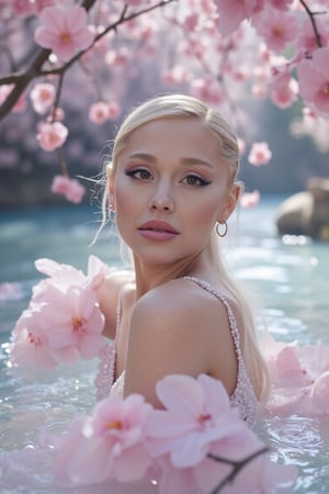 Ariana Grande emerges from a mystifying pond, shrouded in cherry blossom petals. Soft glow envelops her as she stands poised, platinum hair shining like polished steel. Ethereal radiance emanates from her majestic gaze, surrounded by silky white draping that seems to ripple like the water's surface. The framing is extreme closeup, showcasing every detail of her enigmatic expression. The dynamic pose and angles create a sense of vertiginous wonder, as if we're peering into a dreamlike 90s screensaver. Soft light blurs the ambiance, lending an air of mystique to this enchanting scene.