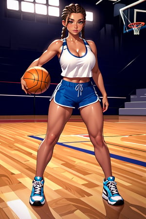 (score_9, score_8_up, score_8, score_7_up, score_7), masterprice, (rating_questionable), (source_anime), intricate_details_xl, 1girl, solo, large breast, cleavage, open eyes, braided cornrows, tall stature, dark skin, brown eyes, sleeveless jersey, baggy shorts, high-top sneakers, dribbling ball, indoor court, intense focus, basketball court