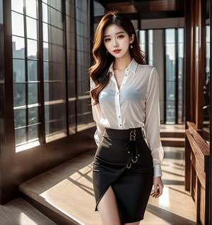  girl,,E Cup,Hair tied up , slender hands,beautiful legs, ,,full shot , black knotted shirt & pencil skirt ,  ,  ,  the room is full of glass windows and stairs       , reflection,high contrast,masterpiece,uhd,detailed face,huayu,beautymix,aesthetic portrait,photo r3al,3un,brown Long hair to slim waist ,best quality, masterpiece, beautiful and aesthetic, 16K, (HDR:1.4), high contrast, (vibrant color:1.4), (muted colors, dim colors, soothing tones:0), cinematic lighting, ambient lighting, sidelighting, Exquisite details and textures, cinematic shot, Warm tone, (Bright and intense:1.2), wide shotultra realistic illustration,
