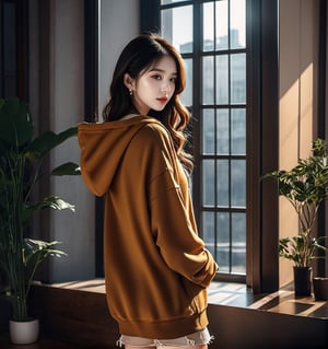  girl,,E Cup,half-up , slender hands,beautiful legs, ,,full shot ,
Hoodie ,  ,  ,  the room is full of glass windows and stairs       , reflection,high contrast,masterpiece,uhd,detailed face,huayu,beautymix,aesthetic portrait,photo r3al,3un,brown Long hair to slim waist ,best quality, masterpiece, beautiful and aesthetic, 16K, (HDR:1.4), high contrast, (vibrant color:1.4), (muted colors, dim colors, soothing tones:0), cinematic lighting, ambient lighting, sidelighting, Exquisite details and textures, cinematic shot, Warm tone, (Bright and intense:1.2), wide shotultra realistic illustration,