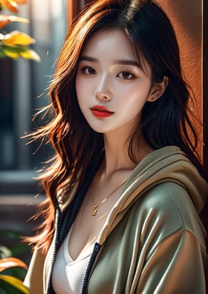  girl,,E Cup,, slender hands,beautiful legs, ,,full shot ,Hoodie ,sneakers , reflection,high contrast,masterpiece,uhd,detailed face,huayu,beautymix,aesthetic portrait,photo r3al,3un,brown Long hair to slim waist ,best quality, masterpiece, beautiful and aesthetic, 16K, (HDR:1.4), high contrast, (vibrant color:1.4), (muted colors, dim colors, soothing tones:0), cinematic lighting, ambient lighting, sidelighting, Exquisite details and textures, cinematic shot, Warm tone, (Bright and intense:1.2), wide shotultra realistic illustration,