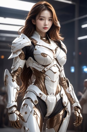 dull body,a beauty brown long wave hair,white Sci-fi metal armor,masterpiece, dynamic pose,tall,finely detailed, depth of field, HDR+,Asia,looking into camera,wide shotultra realistic illustration,masterpiece, beautiful and aesthetic,