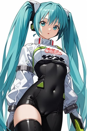 score_9, score_8_up, score_7_up, score_6_up, BREAK
1girl, miku22, aqua eyes, aqua hair, black bodysuit, breasts, covered navel, cowboy shot, hatsune miku, long hair, looking at viewer, race queen, skin tight, solo, thighhighs, twintails, very long hair, zipper, cameltoe,
looking at viewer, arms at sides,
masterpiece, absurdres,