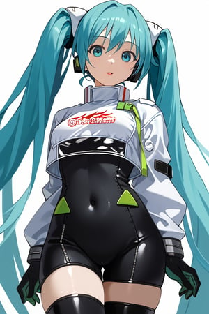 score_9, score_8_up, score_7_up, score_6_up, BREAK
1girl, miku22, aqua eyes, aqua hair, black bodysuit, breasts, covered navel, cowboy shot, hatsune miku, long hair, looking at viewer, race queen, skin tight, solo, thighhighs, twintails, very long hair, zipper, 
looking at viewer, arms at sides,
masterpiece, absurdres,