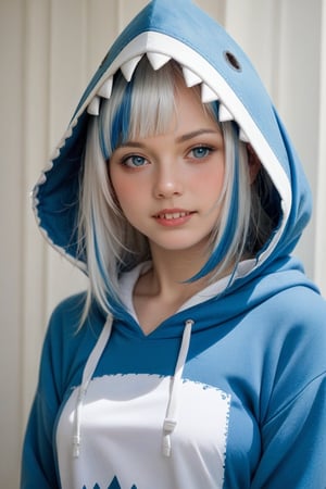 realistic, photo \(medium\), score_9, score_8_up, score_7_up, score_6_up, BREAK
pitvinm, adult, medium breasts, 
in profile, 
1girl, animal hood, blue eyes, blue hair, blue hoodie, blush, hood, hoodie, long sleeves, looking at viewer, looking to the side, multicolored hair, shark hood, solo, streaked hair, teeth, two-tone hair, upper body, white hair,