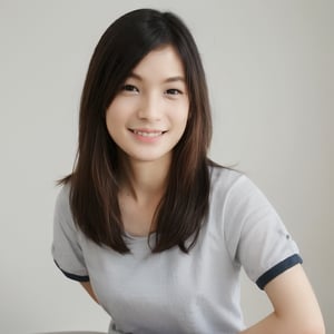 1girl, solo, long hair, looking at viewer, smile, skirt, simple background, brown hair, shirt, black hair, white background, standing, full body, white shirt, short sleeves, shorts, grey background, black footwear, high heels, from side, lips, chair, denim, denim shorts, realistic