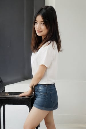 1girl, solo, long hair, looking at viewer, smile, skirt, simple background, brown hair, shirt, black hair, white background, standing, full body, white shirt, short sleeves, shorts, grey background, black footwear, high heels, from side, lips, chair, denim, denim shorts, realistic