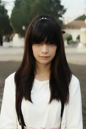 1girl, solo, long hair, looking at viewer, bangs, simple background, brown hair, black hair, long sleeves, white background, dress, jewelry, closed mouth, jacket, multicolored hair, necklace, white dress, lips, coat, black jacket, shadow, realistic, ((full body,standing))