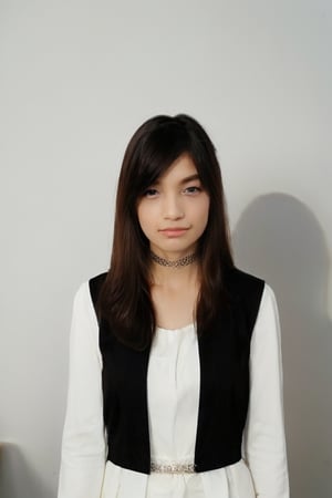 1girl, solo, long hair, looking at viewer, bangs, simple background, brown hair, black hair, long sleeves, white background, dress, jewelry, closed mouth, standing, jacket, multicolored hair, necklace, white dress, lips, coat, black jacket, shadow, realistic, ((cowboy_shot))