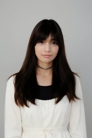 1girl, solo, long hair, looking at viewer, bangs, simple background, brown hair, black hair, long sleeves, white background, dress, multicolored hair, necklace, white dress, lips, shadow, realistic, ((full body,standing))