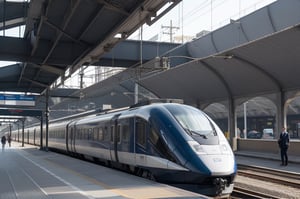 Create an image of a high-speed train with a sleek and modern design, incorporating wheels that are styled to look like those of a car, with only four wheels per carriage. The train should have a dynamic and aerodynamic shape, featuring a long, pointed front end for improved aerodynamics. The overall aesthetic should be futuristic and striking, with the train presented on a railway track, emphasizing its high-speed capabilities and stylish design.