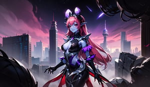 (masterpiece, best quality), (extremely detailed), (detailed background), female_solo, purple skin, radiant red eyes, serious, curious, smug, Giantess, large breasts, from side, walking above a tiny city, Galactic size, A giantess goddess of planetary proportions in the middle of a tiny world which looks microscopic in comparison to her massive size, tiny skycraper city landscape, taller than a entire city, tiny buildings around her, small buildings under her knees heigth,point of view from Above,Selena_ML
