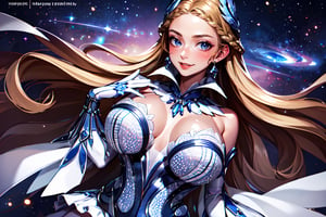 (masterpiece, best quality),(extremely detailed), 
Odette_ML, Giantess size, skinny body, solo,
A beautiful Oversized Giantess Goddess in the middle of an universo which looks too tiny compared to her, around her there are several galaxies, she will be holding a galaxy with her hand. Point of view from her breasts to her face, looking at the viewer from below on her boobs