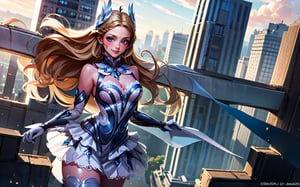 ((masterpiece, best quality)), solo, serious, smiling, blushing, looking at viewer, cowboy shot, cinematic composition, dynamic pose, a giantess Over a tiny city, small firm boobs, taller than entire city, 1000 meters size, angle view from above, crushing a tiny skyscraper with her hand, tiny buildings in front her, tiny skycraper, giantess effect, giant body, point of view of a tiny person over a skycraper , Odette_ML