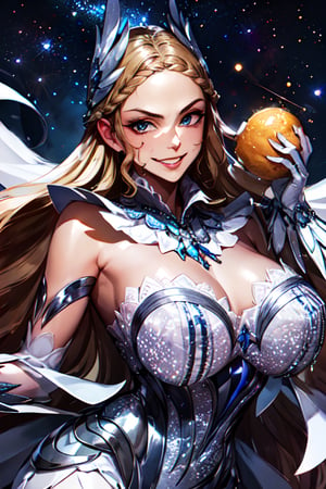 (masterpiece, best quality),(extremely detailed), A giant goddess of galactic proportions at the center of the universe which looks microscopic compared to its colossal size. She is holding an entire galaxy in her hand, she turns to her hand with a satisfied, smug and craving face, Odette_ML, small boobs, skinny body