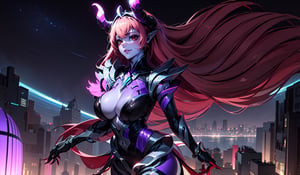 (masterpiece, best quality), (extremely detailed), (detailed background), female_solo, purple skin, radiant red eyes, serious, curious, smug, Giantess, large breasts, from side, walking above a tiny city, Galactic size, A giantess goddess of planetary proportions in the middle of a tiny world which looks microscopic in comparison to her massive size, tiny skycraper city landscape, taller than a entire city, tiny buildings around her, small buildings under her knees heigth,point of view from Above,Selena_ML