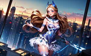 ((masterpiece, best quality)), (extremely detailed) solo, smiling, blushing, looking at viewer, cowboy shot, cinematic composition, dynamic pose, a giantess Over a tiny city, small firm boobs, taller than entire city, 1000 meters size, angle view from above, crushing a tiny skyscraper with her hand, tiny buildings in front her, tiny skycraper, giantess effect, giant body, point of view of a tiny person over a skycraper , Odette_ML, extended and Open right hand 