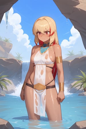 solo angry girl, perfect cute face, standing in water, wet skin, exhausted, blonde long hair, red highlights in hair, she wears ragged and destroyed revealing clothes, sfw, nomadic desert setting, oasis with waterfall