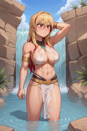 solo angry girl, perfect cute face, standing in water, wet skin, exhausted, blonde long hair, red highlights in hair, she wears ragged and destroyed revealing clothes, sfw, nomadic desert setting, oasis with waterfall