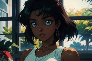 solo female,1 girl,((90s anime aesthetic)),80s,1990s look,young,perfect body,(film grain),(looking through window),loose white tanktop,sheer see-through tanktop,calm eyes,perfect eyes,perfect boobs,,exposed stomach,midriff,abs,cute,((black short hair)),green eyes,((very dark skinned girl)),correct anatomy,correct_anatomy,correct eyes,correct hands,1990s (style),High detailed ,Color magic,perfecteyes