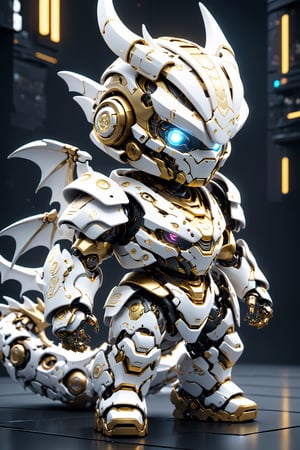 (masterpiece, best quality:1.5), EpicLogo, white armor, robot, gold armor, white face, look on viewer, dragon style, central view, cute, hues, Movie Still, cyberpunk, full body, cinematic scene, intricate mech details , ground level shot, 8K resolution, Cinema 4D, Behance HD, polished metal, shiny, data, toystore background