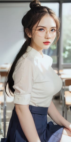  Create a hyper realistic sexy teacher teaching the class, hair tied to bun, big breast , long blonde hair, blue eyes , dark tanned skin, wearing short black skirt,white shirt, glasses, golden necklause,background of classroom,photo r3al,Extremely Realistic,Realism,More Detail,Detailedface,Epic,j3s1