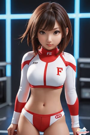 Hexatron, mascot, chibi, 1girl, mixed hairs, red and white, electric effect, the letter "F" marked in the mascot chest, High definition, Photo detailed, intricate, production cinematic character render, ultra high quality model, full-body_portrait, , iori moe, japanese girl.,sayaairie